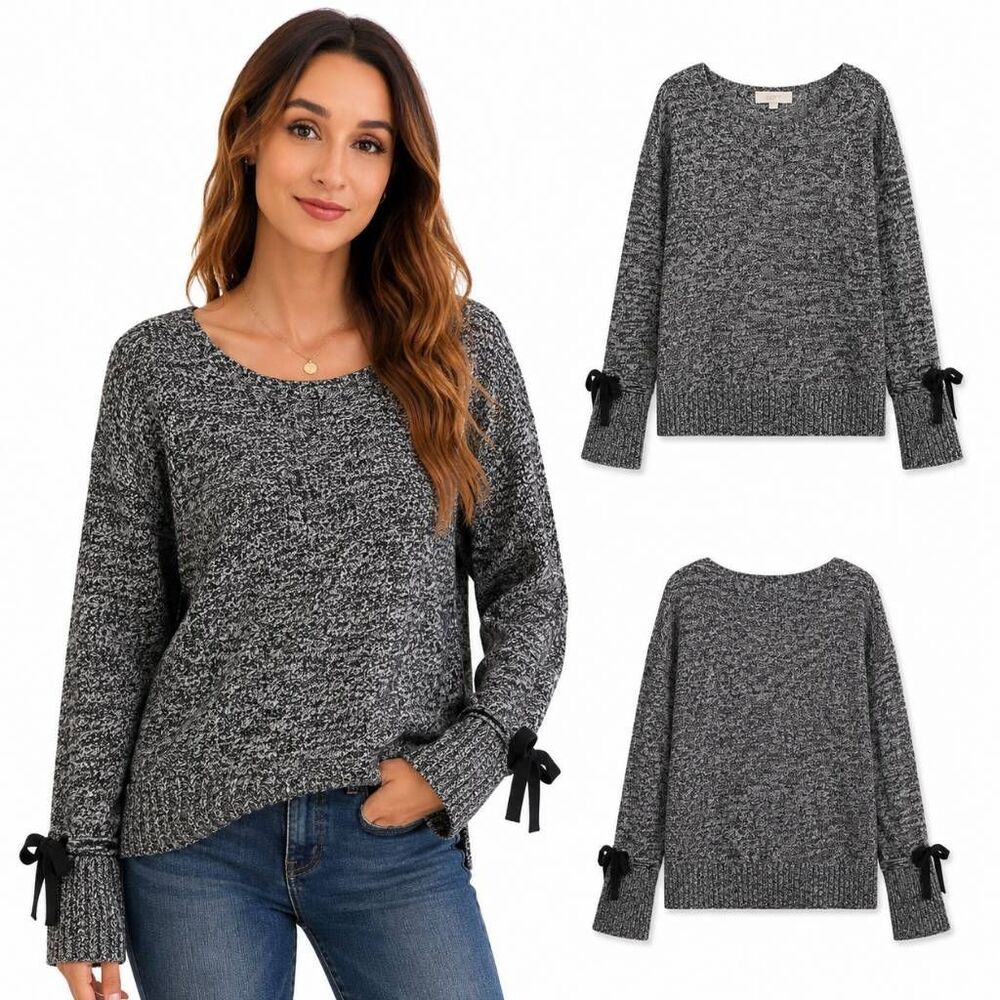 LOFT Black White Marled Knit Sweater Size Small 100% Cotton Long Sleeve Bow Cuff